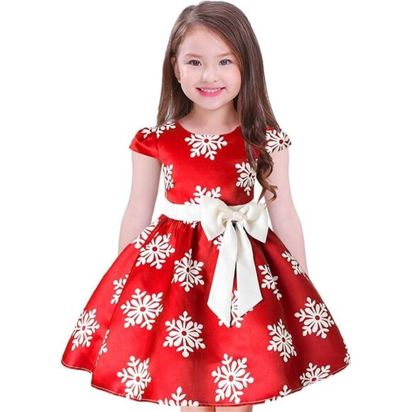 Toddler Baby Girls Christmas Snowflake Print Party Dresses with Bowknot Belt - Picture 5 of 6